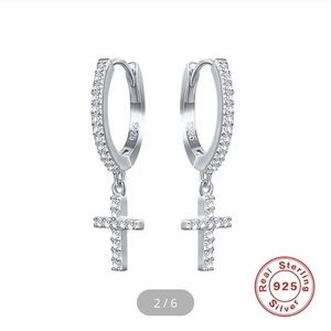 Dainty Cross Earrings Solid  Sterling Silver /Aretes Plata Ley 925 Cruz Colgante